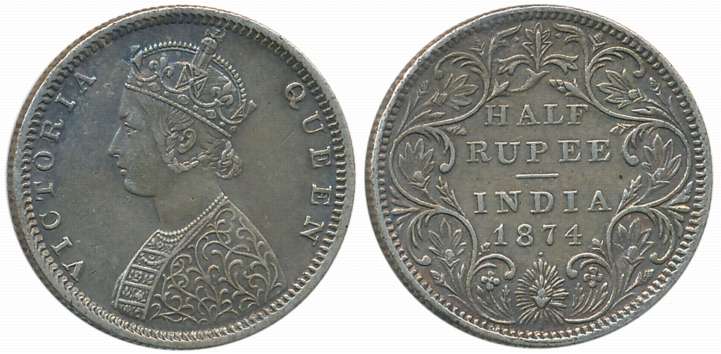 Victoria Queen, Silver 1/2 Rupee, 1874, B/II. Elongated beads on both the sides of the cro