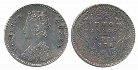 Victoria Queen, Silver 2 Anna, 1875. About uncirculated.