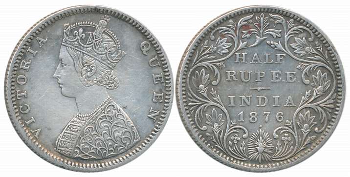 Victoria Queen, Silver 1/2 Rupee, 1876, B/II/dot. About extremely fine.