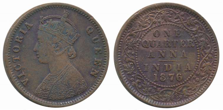 Victoria Queen, Copper 1/4 Anna, 1876, Calcutta Mint. Extremely fine.