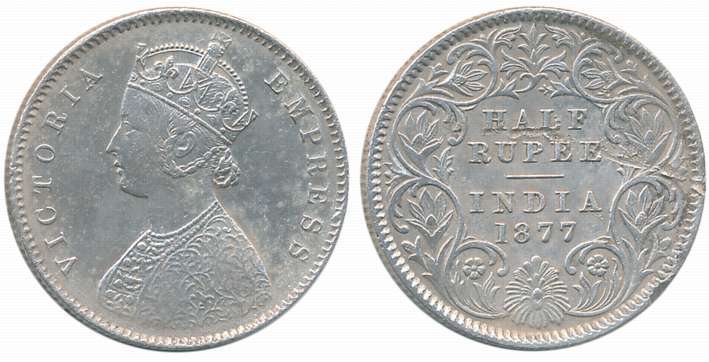 Victoria Empress, Silver 1/2 Rupee, 1877, A/I. About extremely fine.