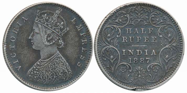 Victoria Empress, Silver 1/2 Rupee, 1887, A/I, C incused. Very fine.