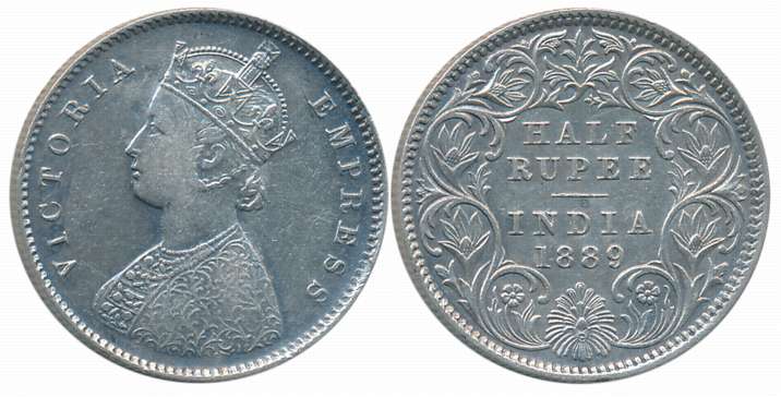 Victoria Empress, Silver 1/2 Rupee, 1889, A/I, C incused. Very fine.