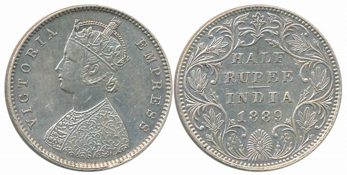 Victoria Empress, Silver 1/2 Rupee, 1889, A/II, B raised. About uncirculated.
