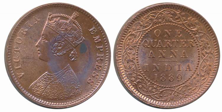 Victoria Empress, Copper 1/4 Anna, 1889, Calcutta Mint. Uncirculated.