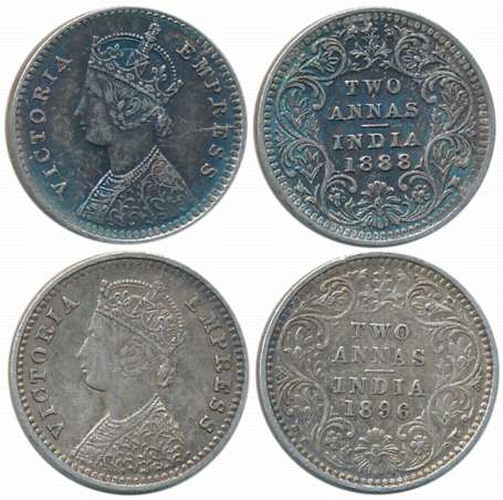 Victoria Empress, Silver 2 Anna (2), 1888, 1896, Bombay Mint. Extremely fine to about unci