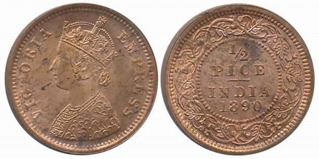 Victoria Empress, Copper 1/2 Pice, 1890, Calcutta Mint. About uncirculated.