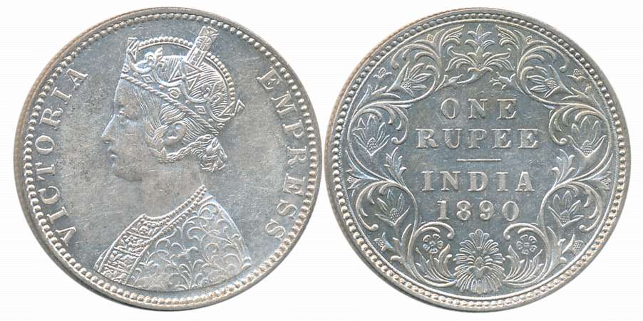 Victoria Empress, Silver Rupee, 1890, B incused. Uncirculated.