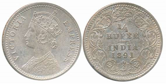 Victoria Empress, Silver 1/4 Rupee, 1891, C incused. About uncirculated.