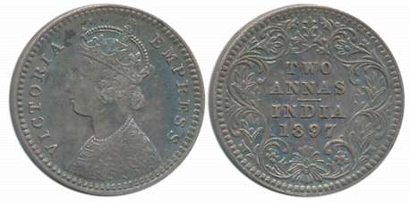 Victoria Empress, Silver 2 Anna, 1897, Calcutta Mint. About uncirculated.