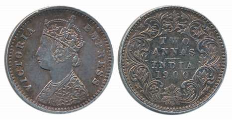 Victoria Empress, Silver 2 Anna, 1900, Bombay Mint. About uncirculated.