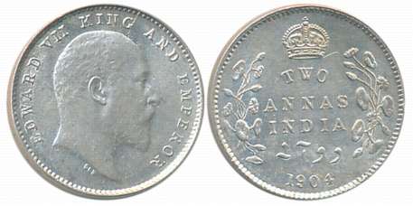 Edward VII, Silver 2 Anna, 1904, Calcutta Mint. Uncirculated.