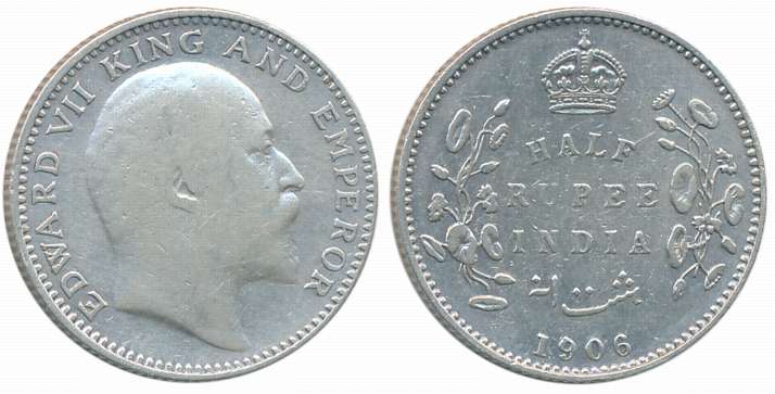 Edward VII, Silver 1/2 Rupee, 1906, Bombay Mint. Fine, very rare.