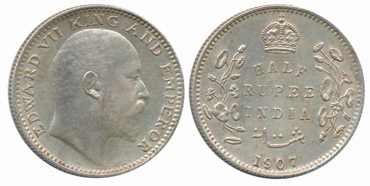 Edward VII, Silver 1/2 Rupee, 1907, Bombay Mint. About uncirculated.