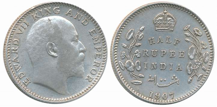 Edward VII, Silver 1/2 Rupee, 1907, Calcutta Mint. About uncirculated.