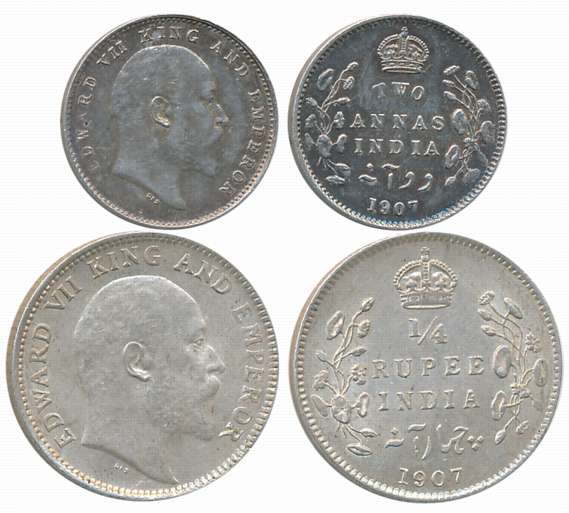 Edward VII, Silver (2), 1/4 Rupee & 2 Anna, 1907. About uncirculated. 2 coins.