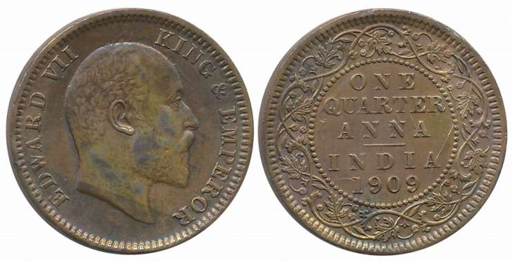 Edward VII, Copper 1/4 Anna, 1909, Calcutta Mint. Extremely fine, rare.