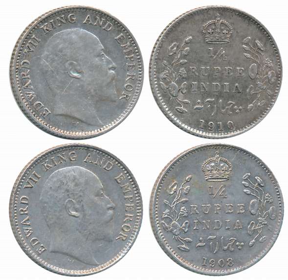 Edward VII, Silver 1/4 Rupees (2), 1908, 1910. About uncirculated. 2 coins.
