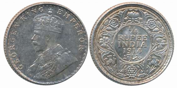 George V, Silver 1/4 Rupee, 1914, Bombay Mint. Uncirculated.