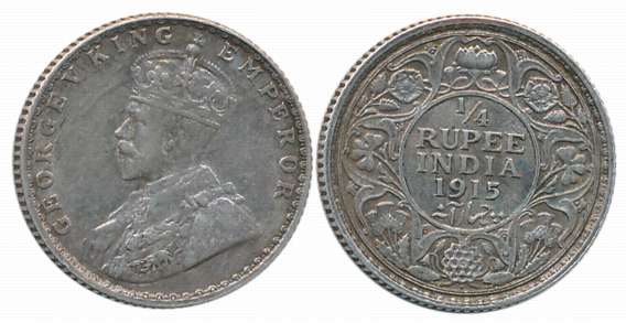 George V, Silver 1/4 Rupee, 1915, Bombay Mint. Uncirculated.