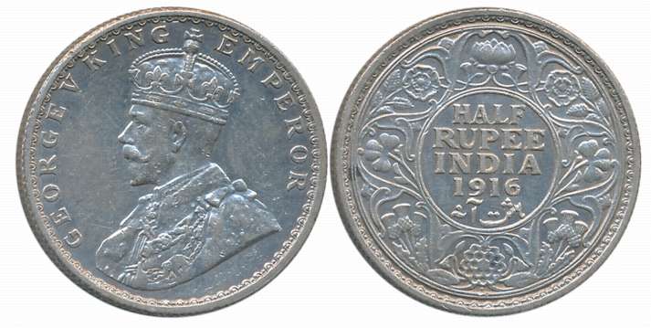 George V, Silver 1/2 Rupee, 1916, Bombay Mint. About uncirculated.