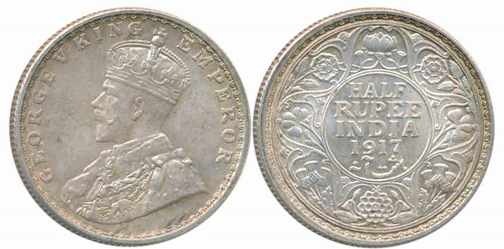 George V, Silver 1/2 Rupee, 1917, Bombay Mint. About uncirculated.