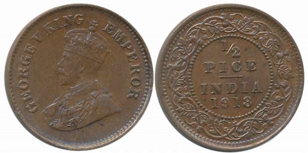 George V, Copper 1/2 Pice, 1918. About uncirculated, rare.