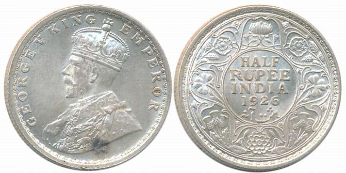 George V, Silver 1/2 Rupee, 1926, Calcutta Mint. About uncirculated.