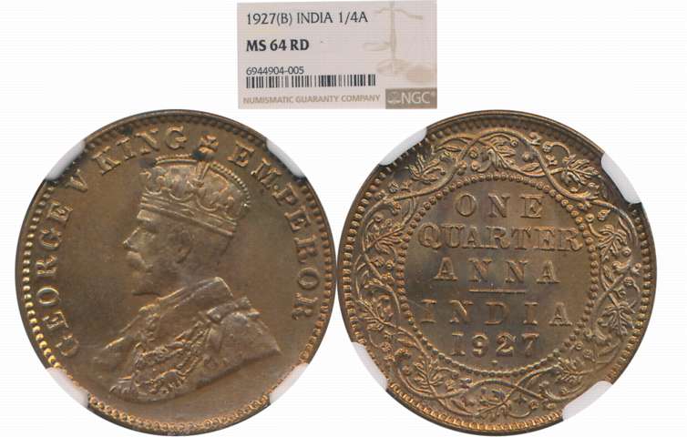 George V, Copper 1/4 Anna, 1927, Bombay Mint. Slab & Graded by NGC as MS 64RD.