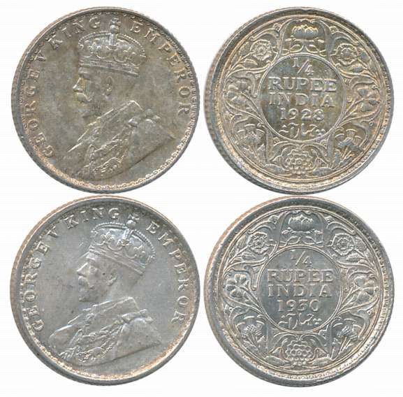George V, Silver 1/4 Rupees (2), 1928, 1930. About uncirculated. 2 coins.
