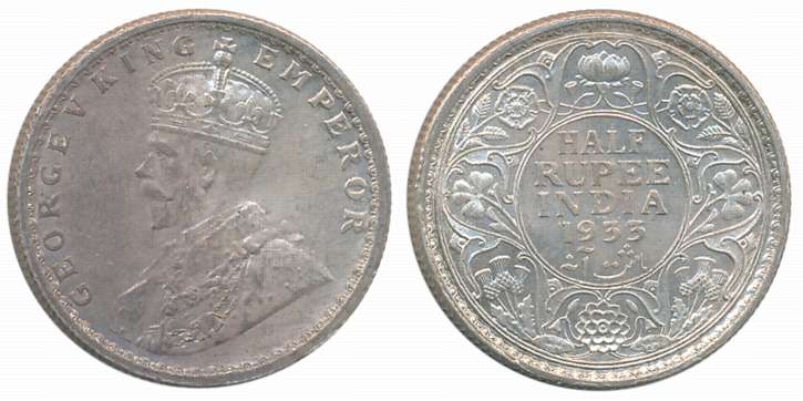 George V, Silver 1/2 Rupee, 1933, Looks like 33 over 32, Calcutta Mint. About uncirculated