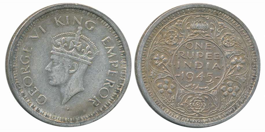George VI, Silver Rupee, “Large 5” type, 1945, Bombay Mint. About uncirculated.