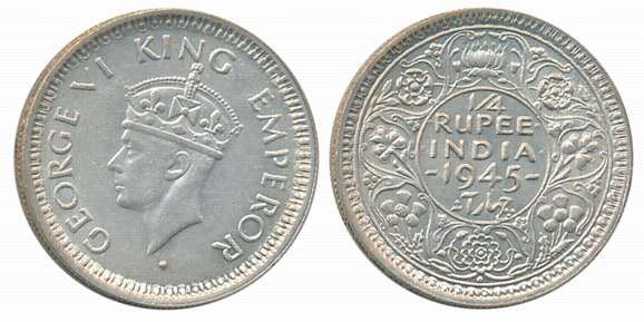 George VI, Silver 1/4 Rupee, “Large 5” type, 1945, Bombay Mint. Uncirculated.
