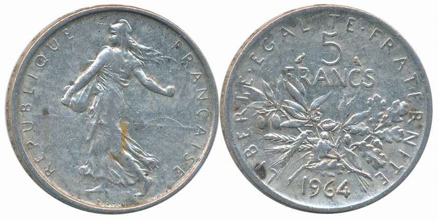 France, Silver 5 Francs, 12.00g, 1964, Paris Mint, Obv: La Semeuse (the Sower) facing left