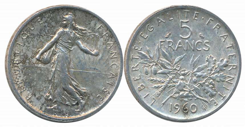 France, Silver 5 Francs, 11.96g, 1960, Paris Mint, Obv: La Semeuse (the Sower) facing left