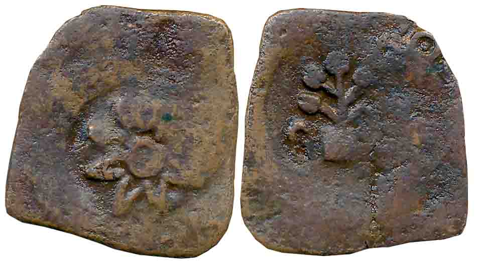 Eastern Malwa region, Copper, 2.31g, Obv: Lotus flower incused in center, Rev: Tree in rai