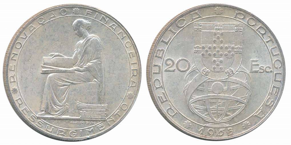Portugal, Silver 20 Escudos, 21.23g, 1953, “Lisbon” Mint, “Financial Renewal”, Obv: Shield