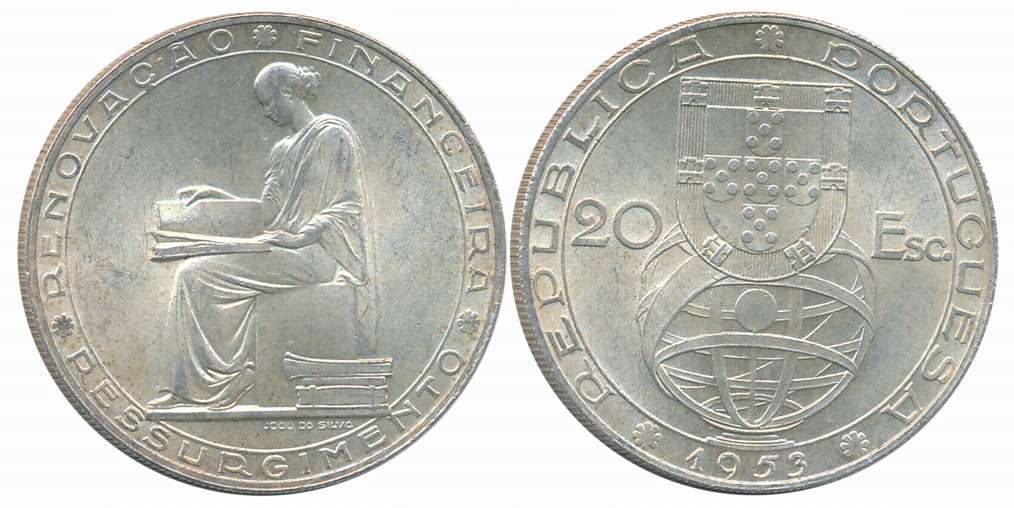 Portugal, Silver 20 Escudos, 21.08g, 1953, Lisbon Mint, “Financial Renewal”, Obv: Shield a