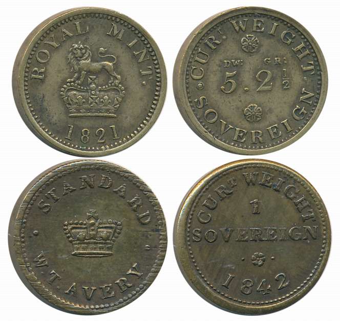 Great Britain Coin Weights, Bronze (2), 1821, 1842, Royal Mint, Weight of Sovereign. Extre