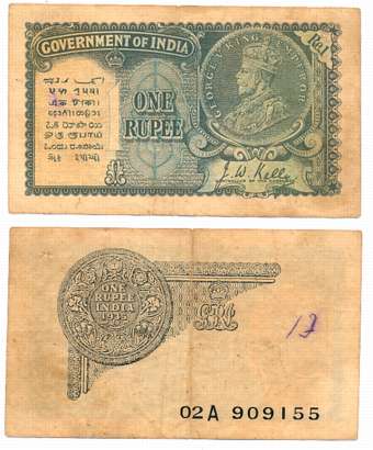 George V, Rupee 1, 1935, 2nd issue, Type 3.2, Signed by J.W. Kelly, Prefix 02/A (R IPM# 3.