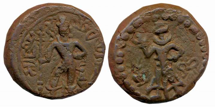 Tribal Yaudheyas, Copper, 11.37g, Obv: Karttikeya standing facing, holding spear in his ri