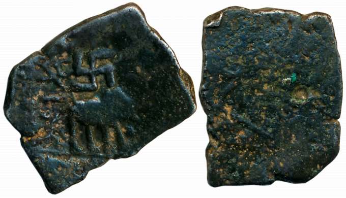 Satavahanas, Nashik region, Siri Satakarni, Copper, 7.16g, Obv: Elephant to right, Swastik