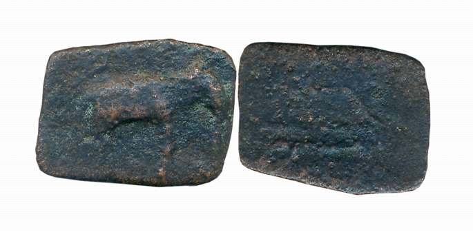 Sangam age cheras, Copper, 2.05g, Obv: Elephant facing right, Rev: Bow & Arrow (faintly vi