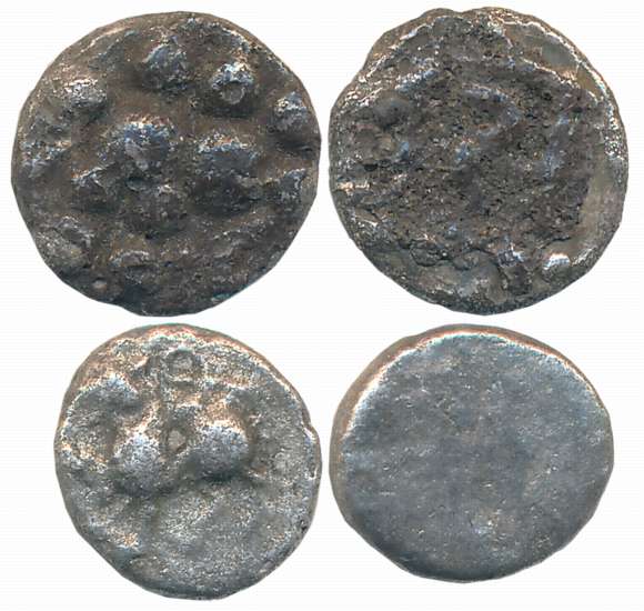 Yadavas of Devagiri, Silver (2), 0.70g, 0.86g, Obv: Lion standing, Rev: Worn out. About ve