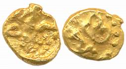 Nigumbas, Feudatory of the Shilaharas, Gold Quarter Fanam, 0.13g, Obv: Running Warrior, fa