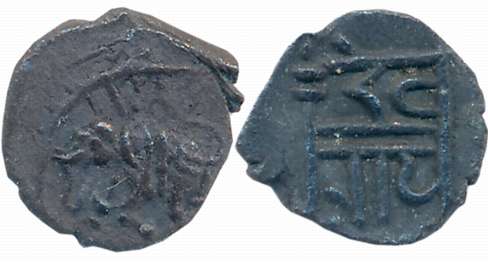 Vijaynagar Empire, Devaraya II, Silver Tara, 0.27g, Obv: Elephant to right & Elephant to l