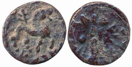Indo Scythians, Azes with Azilises, Copper, 4.01g, Obv: Lion advancing right, monogram abo