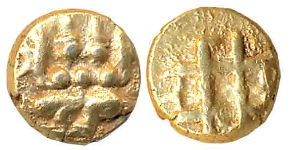 Nayakas of Ikkeri (Bednur/Keladi), Sadashiva Nayaka, Gold Fanam, 0.37g, Obv: Shiva and Par