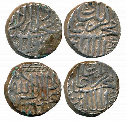 Akbar, Silver Mahamudi (2), 5.58g, 5.60g, Bangala Issue, AH 995, 987. Very fine to very fi