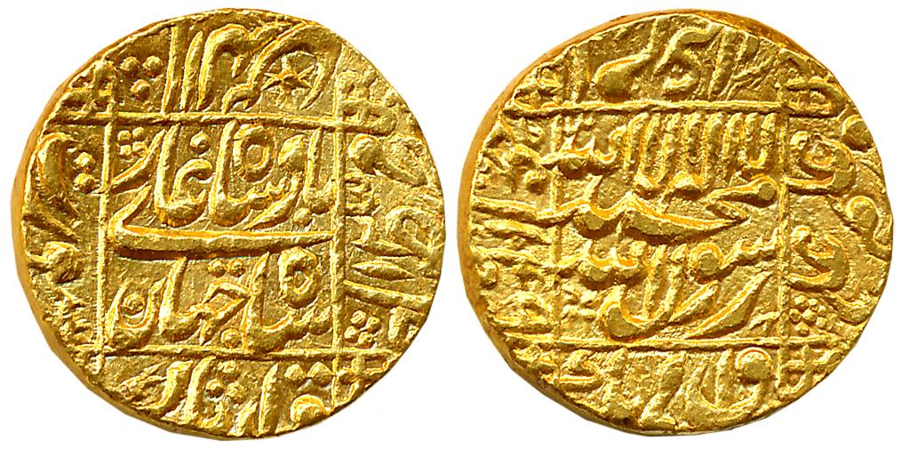 Shah Jahan, Gold Mohur, 10.96g, Surat Mint, central inscription within square, knots at co